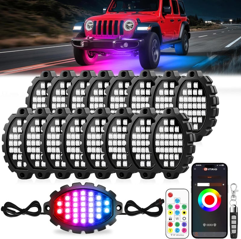 DITRIO 16 Pods Metal Aluminum RGB Rock Lights for Trucks Jeep UTV SUV ATV Golf Cart, Multi Chasing Color App/Remote Control Led Rock Lights with Music Mode, Waterproof Exterior Underglow Kits for Cars - Image 1